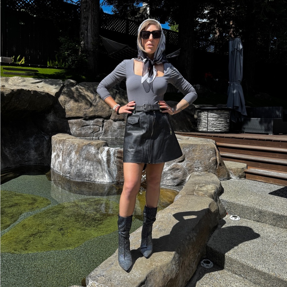 Maje Black Genuine Lamb Leather A-Line Skirt with Belted Waist